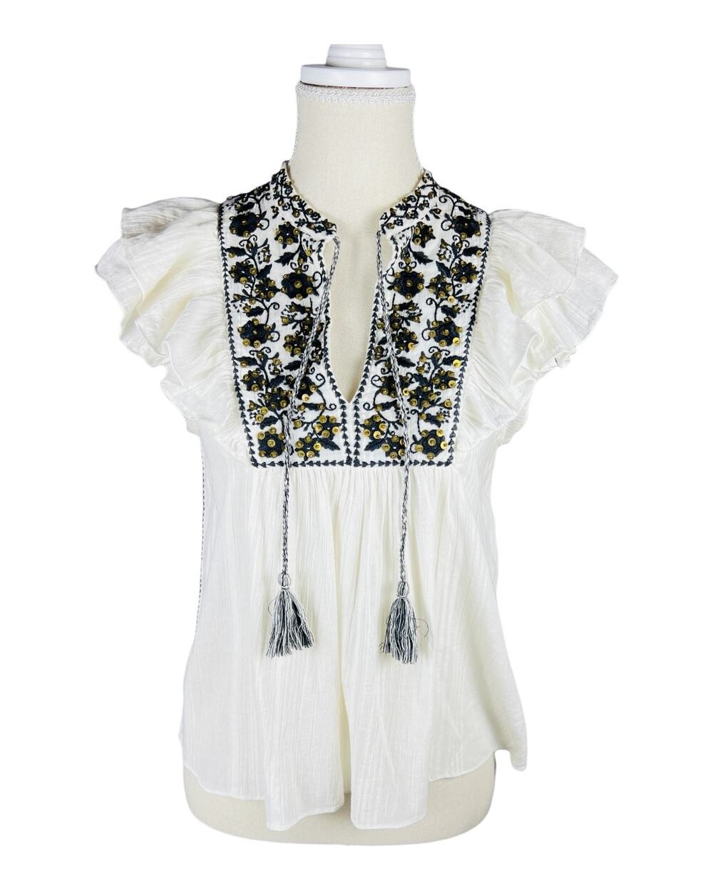 Ulla Johnson Nuru Blanc Embroidered Sequin Flutter Sleeve Cotton Top Size 2